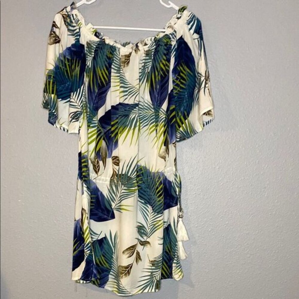 Blue Island Hawaiian Tropical Off Shoulder Dress Swim Suit Coverup Size Medium